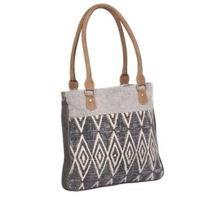 Myra Bag Traffic Cone Handbag Tote Canvas, Leather & Calf hair 12”x13”